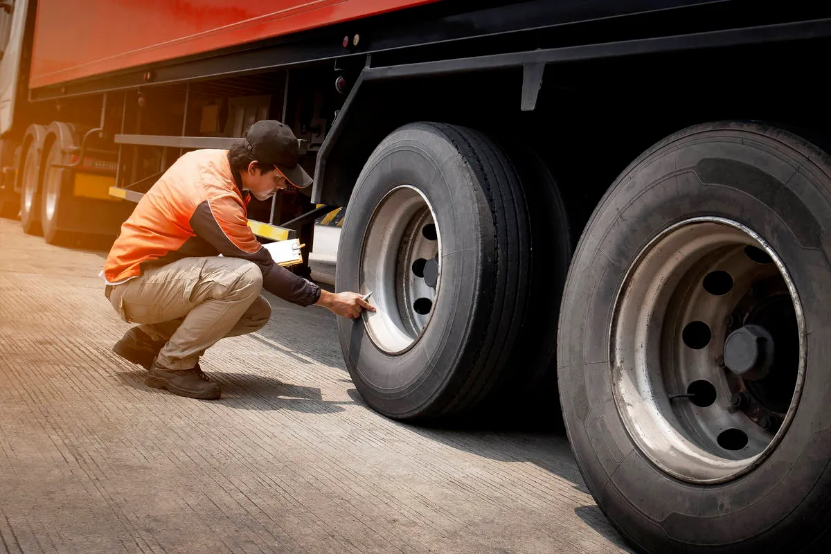 State patrol officer inspecting commercial tractor-trailer on scale deck background