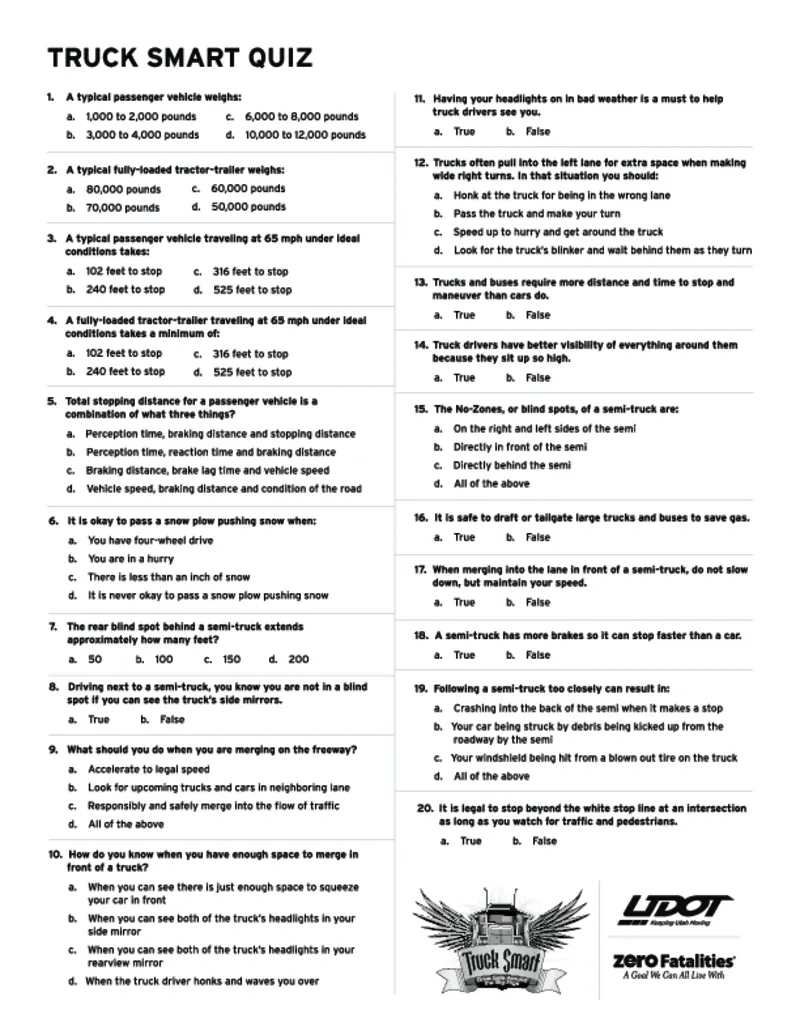 Truck Smart printable quiz workbook cover page